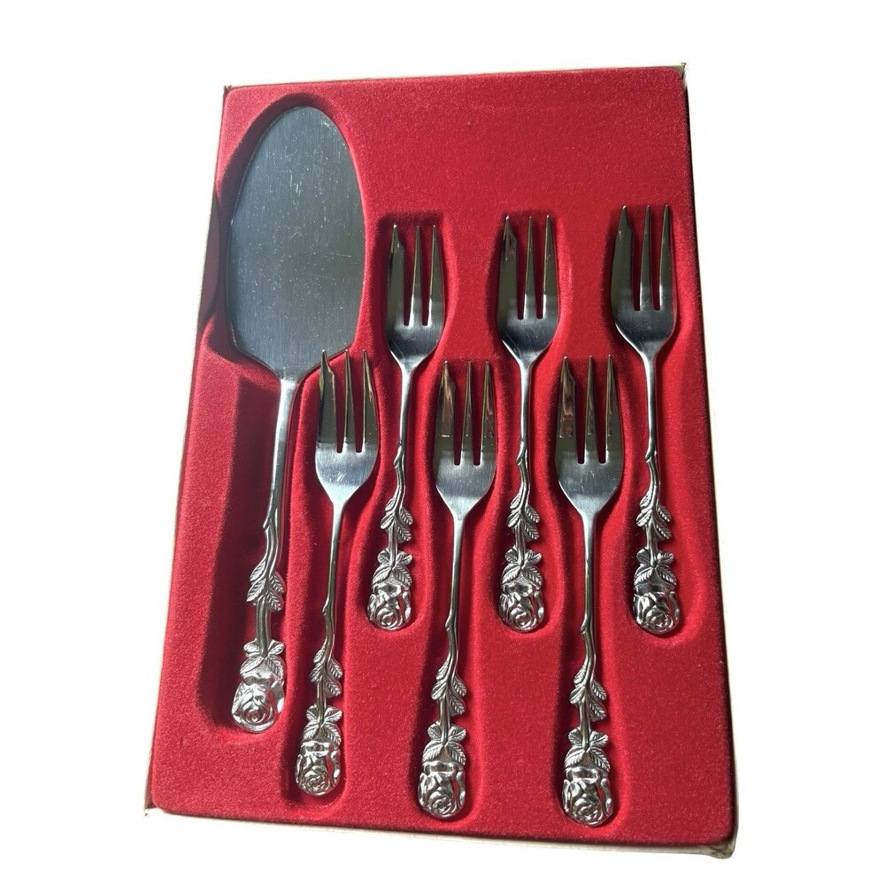 Stainless Dessert Set With Cake Server And 6 Forks Vintage Rose Pattern
